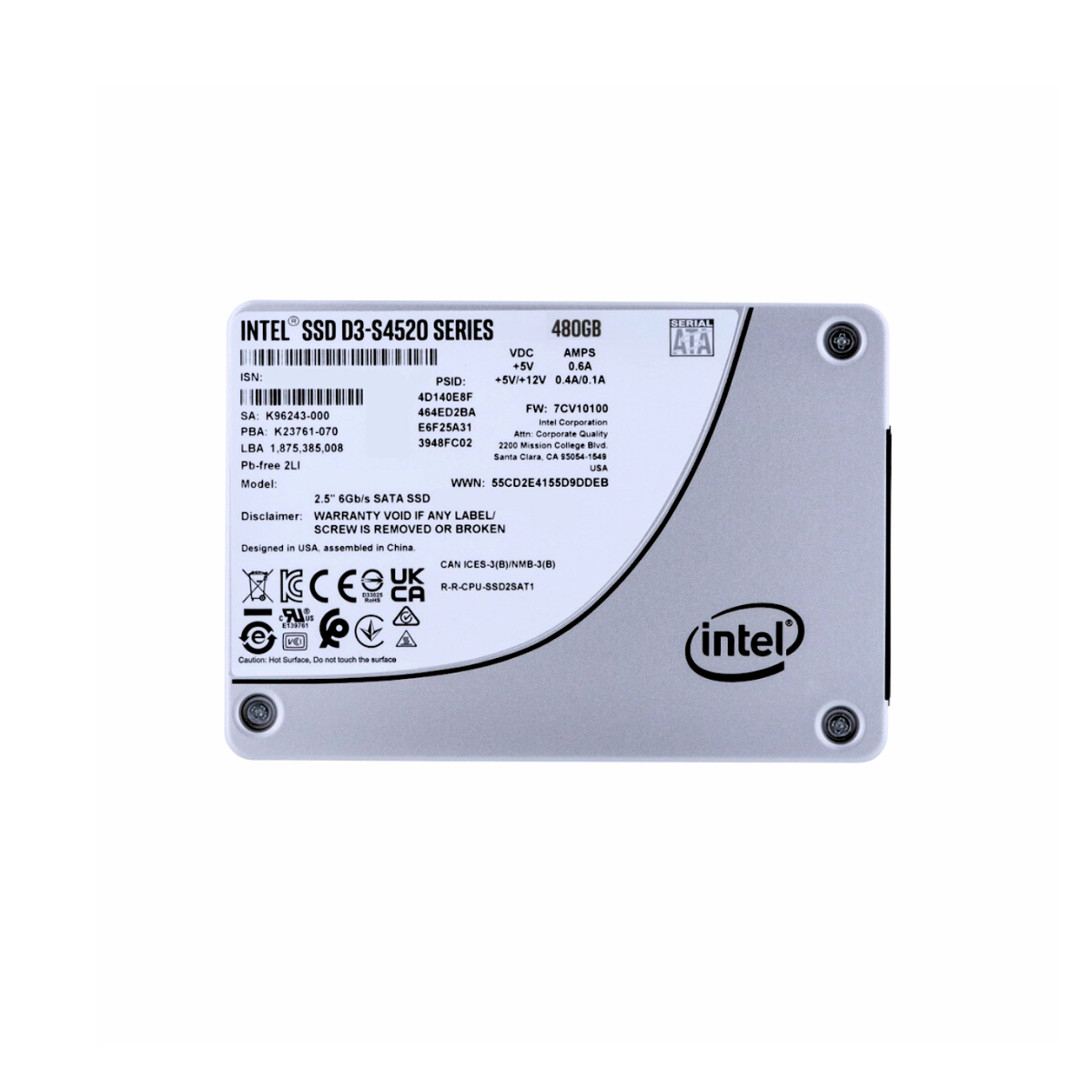 Solidigm D3-S4520 Series 480GB Solid State Drive 2.5" Internal SATA 6Gb/s 3D4 TLC SSDSC2KB038TZ01